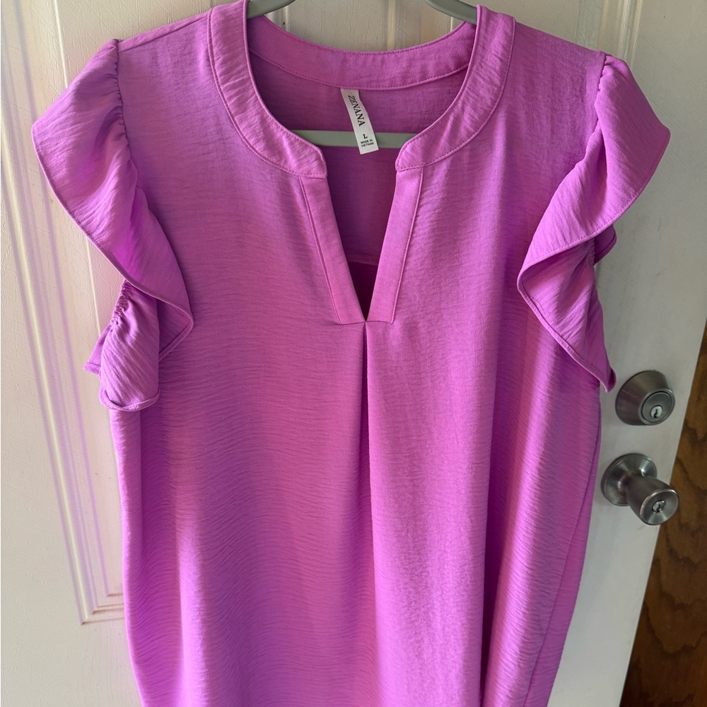 Zenana Outfitters Pink Ruffle Sleeve V-Neck Blouse